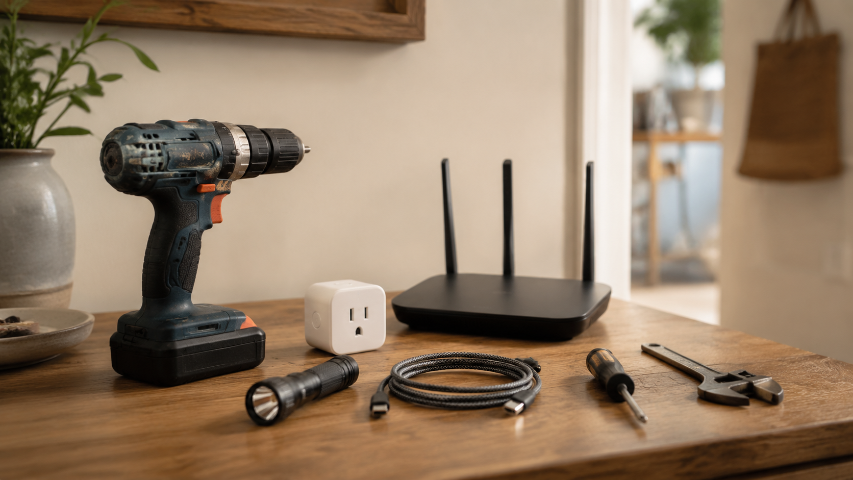Home technology and practical tools arranged on a workbench